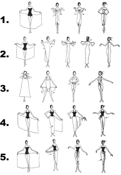 illustrations of 5 different ways to tie a sarong/pareo/coverup
