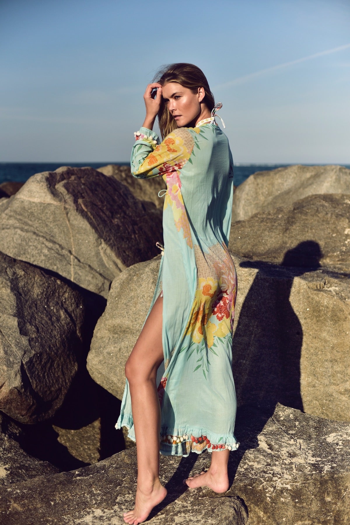aqua pants, kimono, floral print, bohemian, boho chic, ruffles, pom poms, maxi, duster, kimono, swim cover up, mini skirt, bandeau, palazzo pants, kaftan, short kaftan, cotton caftan,