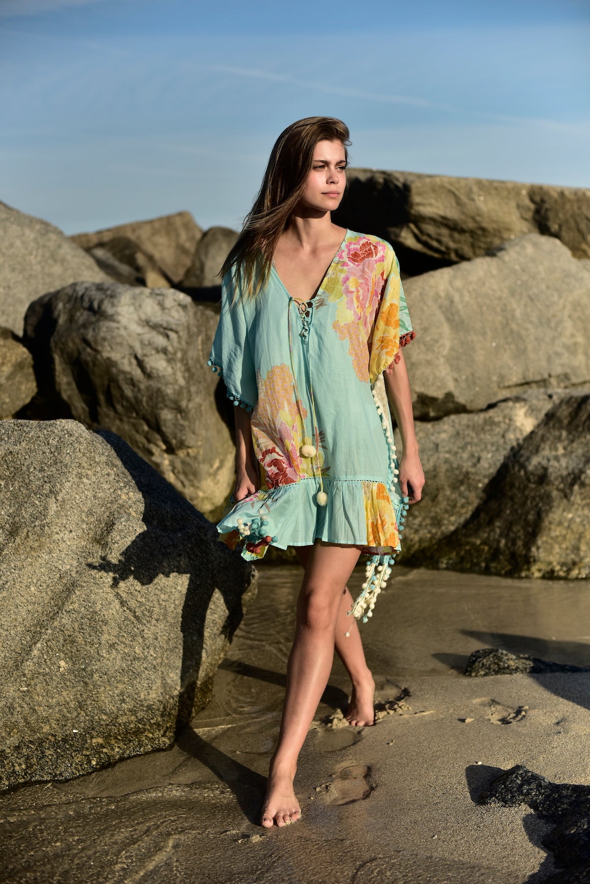 aqua pants, kimono, floral print, bohemian, boho chic, ruffles, pom poms, maxi, duster, kimono, swim cover up, mini skirt, bandeau, palazzo pants, kaftan, short kaftan, cotton caftan,