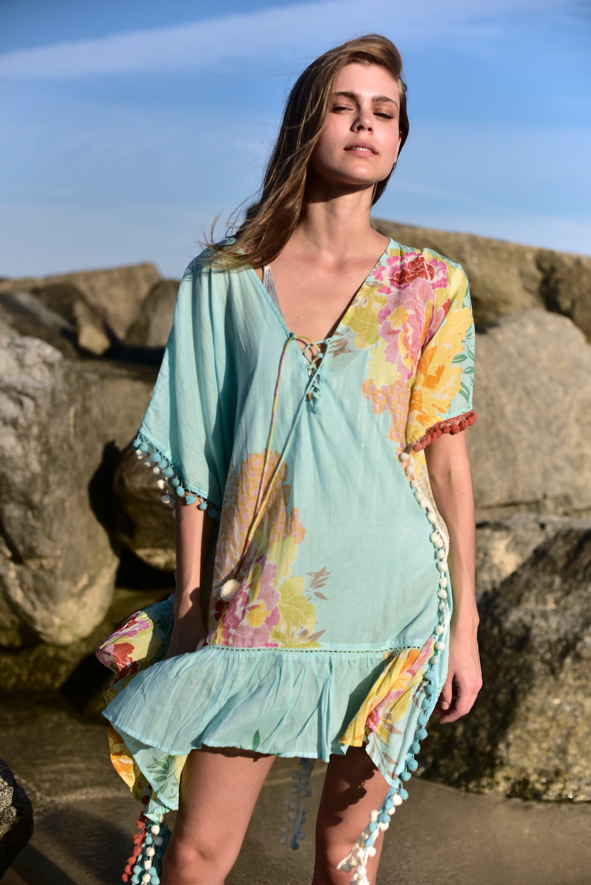 aqua pants, kimono, floral print, bohemian, boho chic, ruffles, pom poms, maxi, duster, kimono, swim cover up, mini skirt, bandeau, palazzo pants,