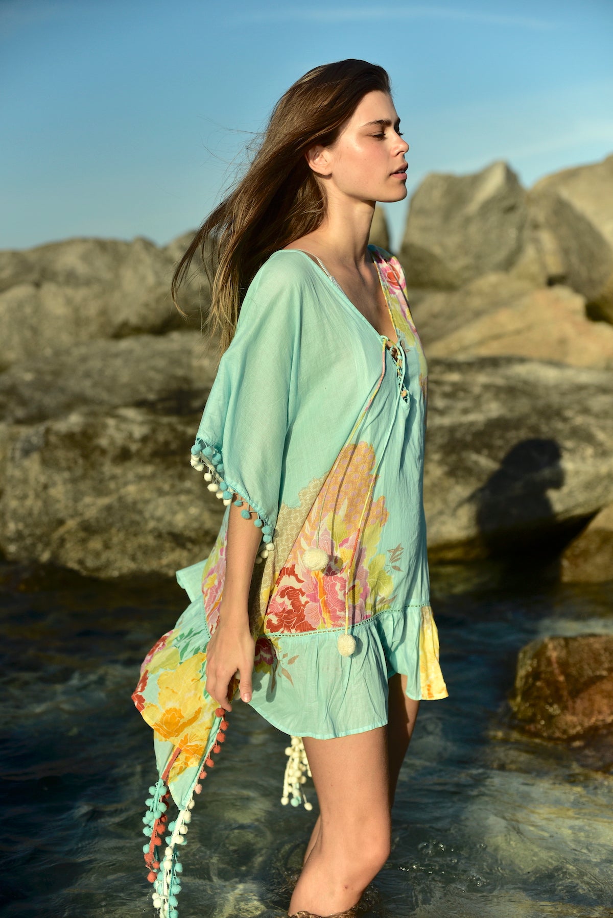 aqua pants, kimono, floral print, bohemian, boho chic, ruffles, pom poms, maxi, duster, kimono, swim cover up, mini skirt, bandeau, palazzo pants, kaftan, short kaftan, cotton caftan,