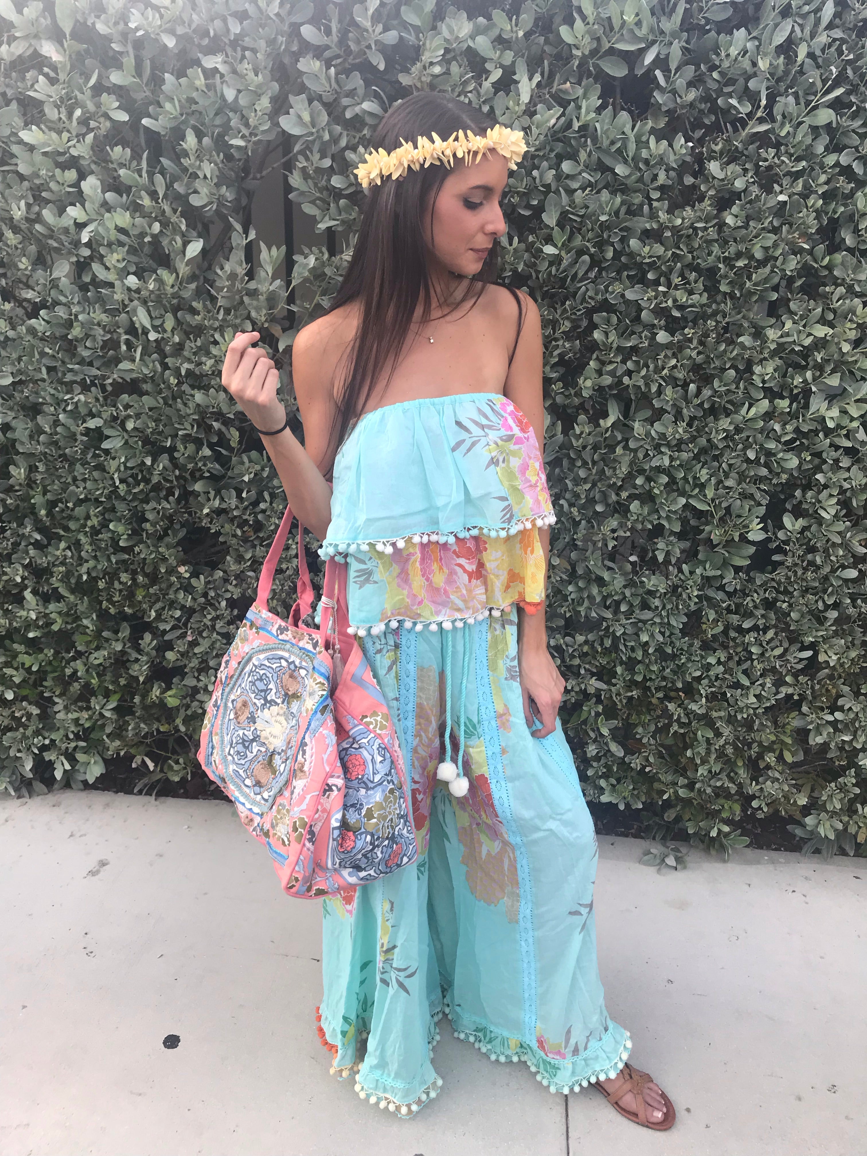 Floral aqua pants, kimono, floral print, bohemian, boho chic, ruffles, pom poms, maxi, duster, kimono, swim cover up, mini skirt, bandeau, palazzo pants,