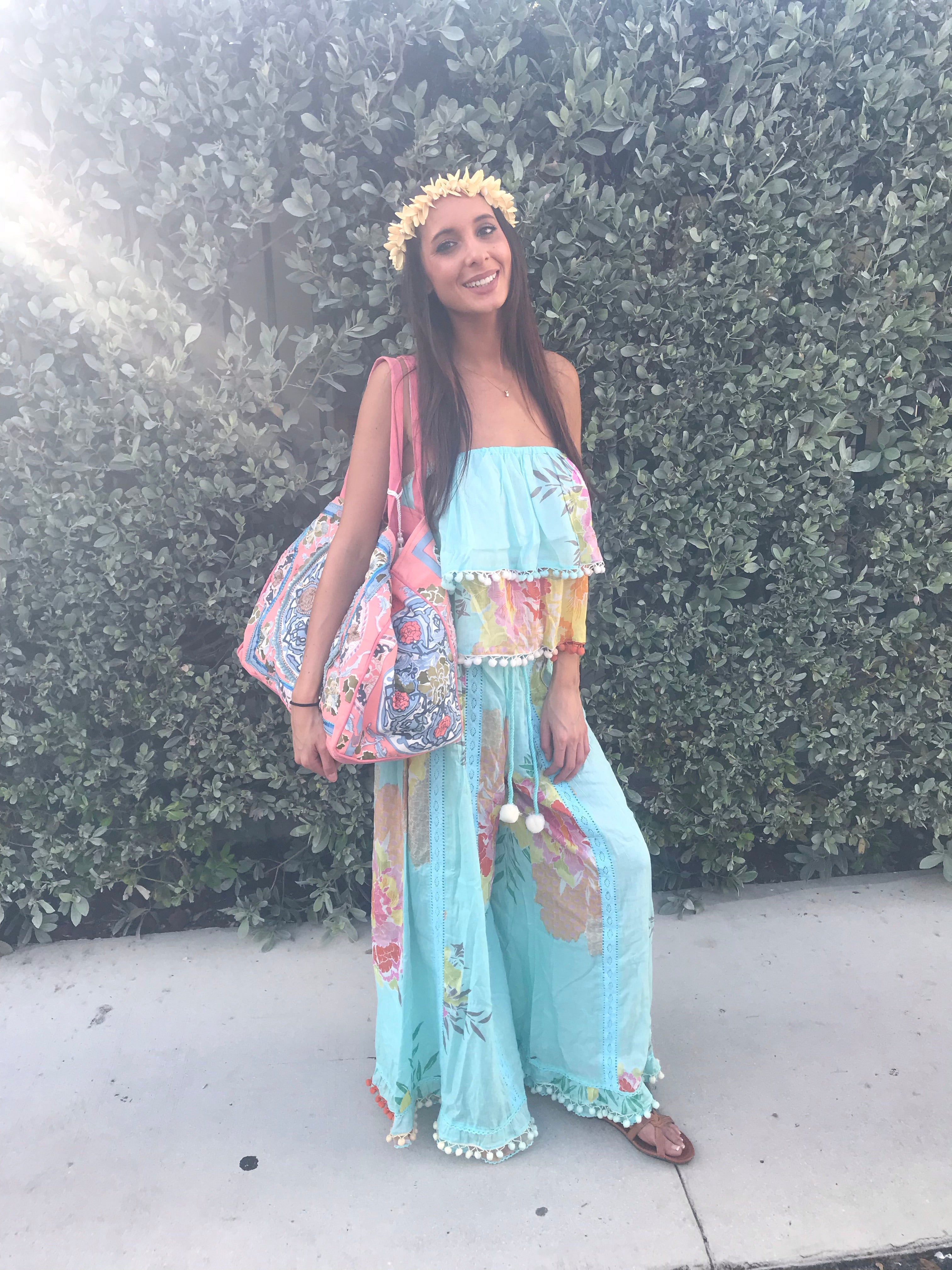 Floral, boho, palazzo,aqua pants, kimono, floral print, bohemian, boho chic, ruffles, pom poms, maxi, duster, kimono, swim cover up, mini skirt, bandeau, palazzo pants,