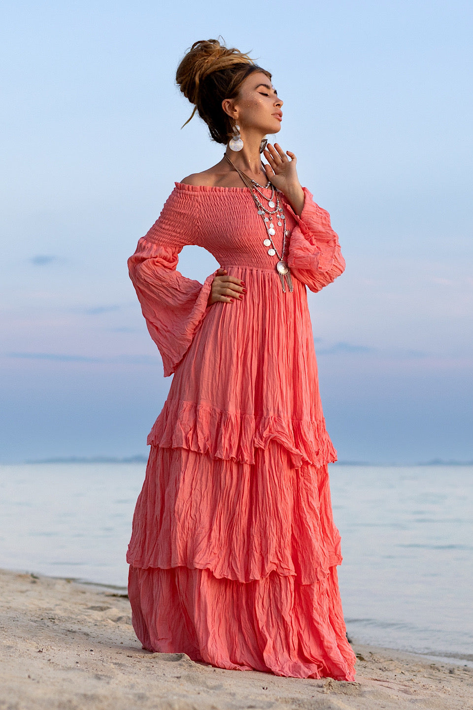 Coral Sexy Shoulders Maxi