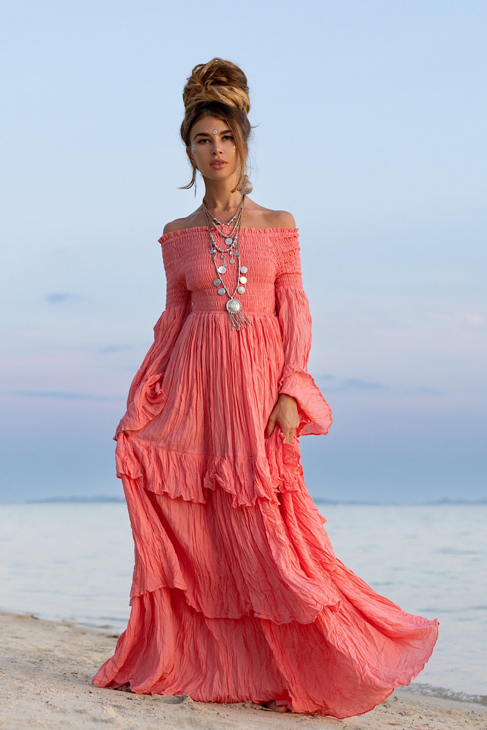 Coral Sexy Shoulders Maxi