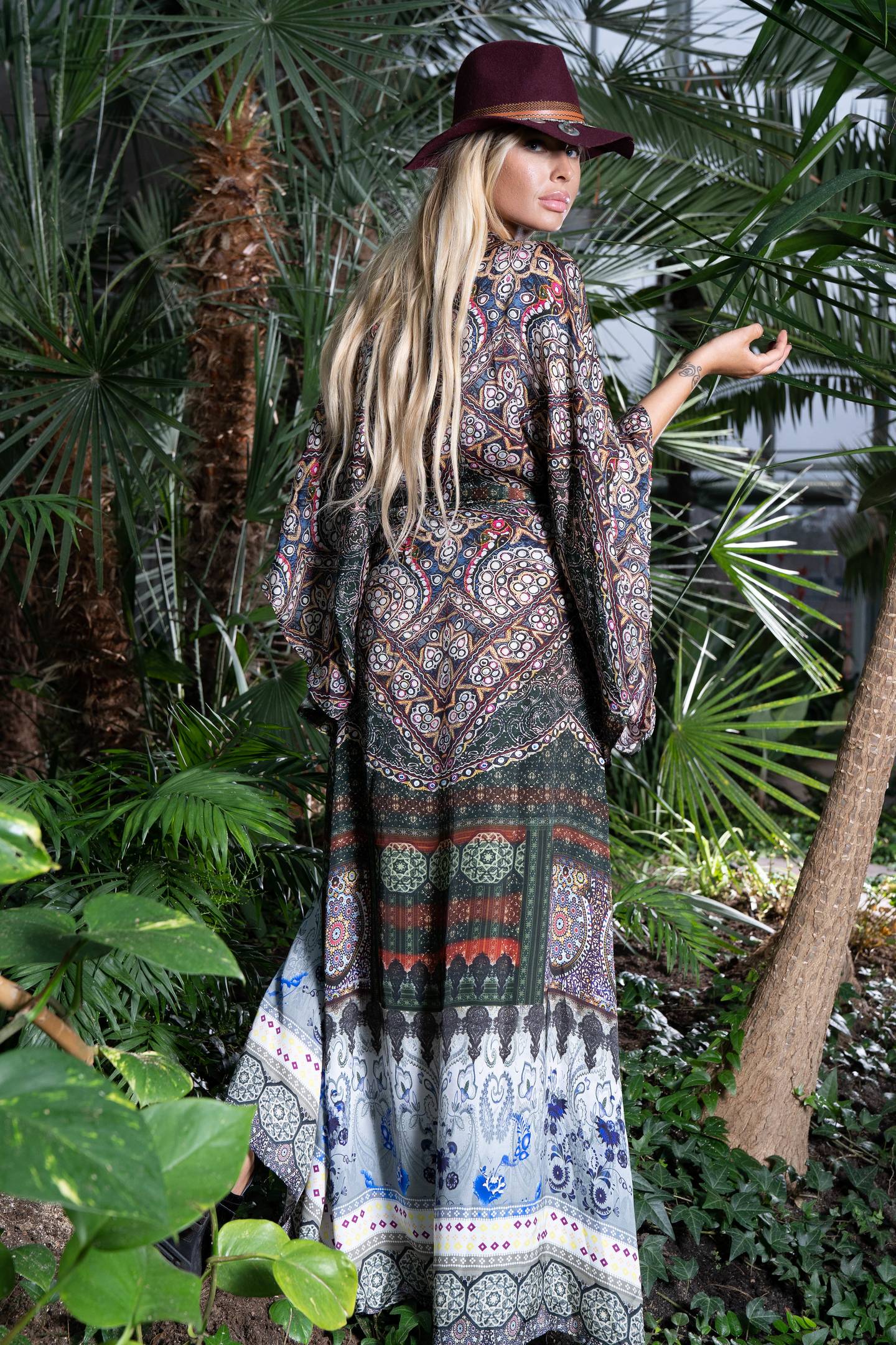 kimono, brown, maxi dress, wrap dress, paisley, silk dress,